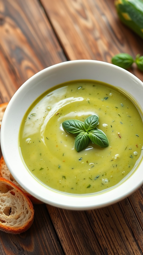 Creamy asparagus and zucchini soup in a bowl, garnished with basil and served with bread.